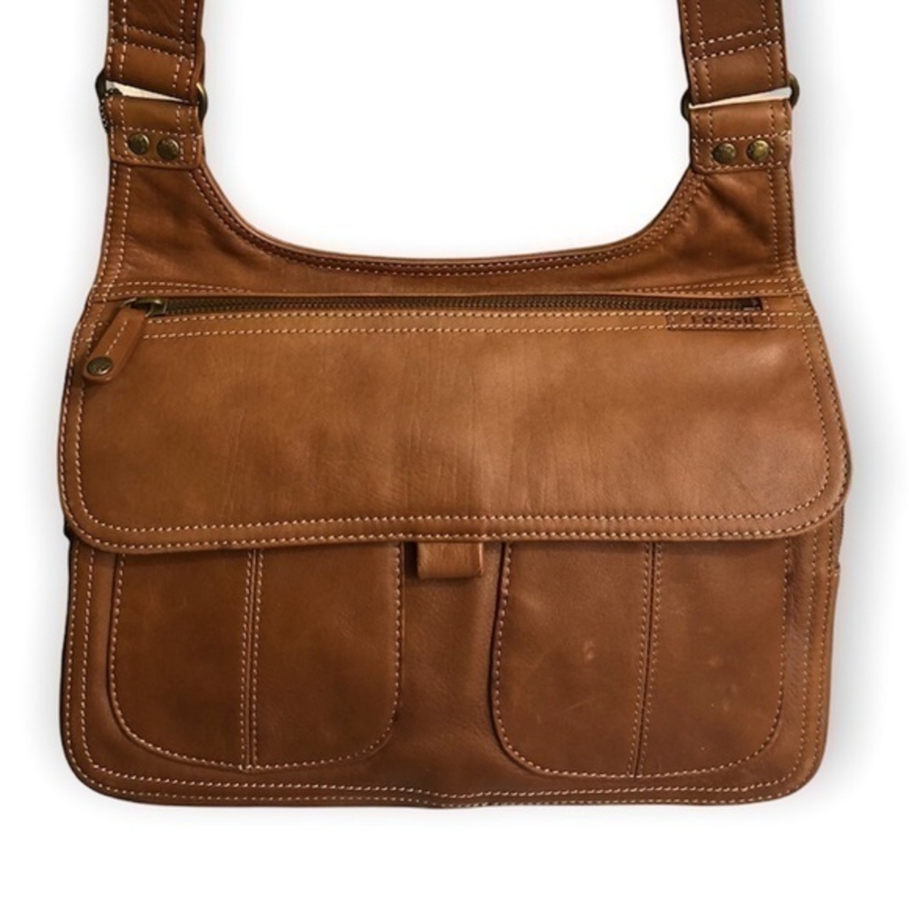 Fossil brown leather unisex messenger bag